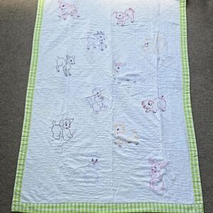 Charming Animal Embroidered Quilt with Green Border